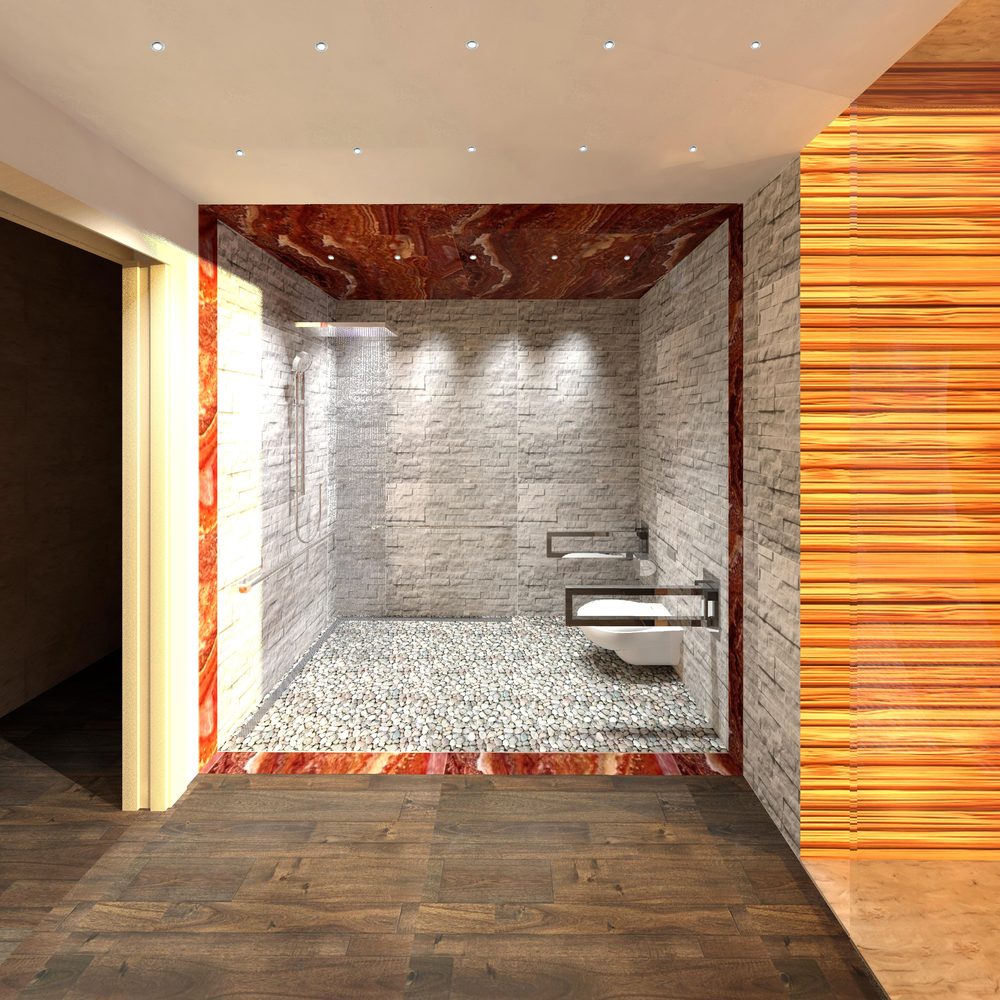 Villa at Puegnago del Garda: the shower clad in stone and wood, with the onyx ceiling