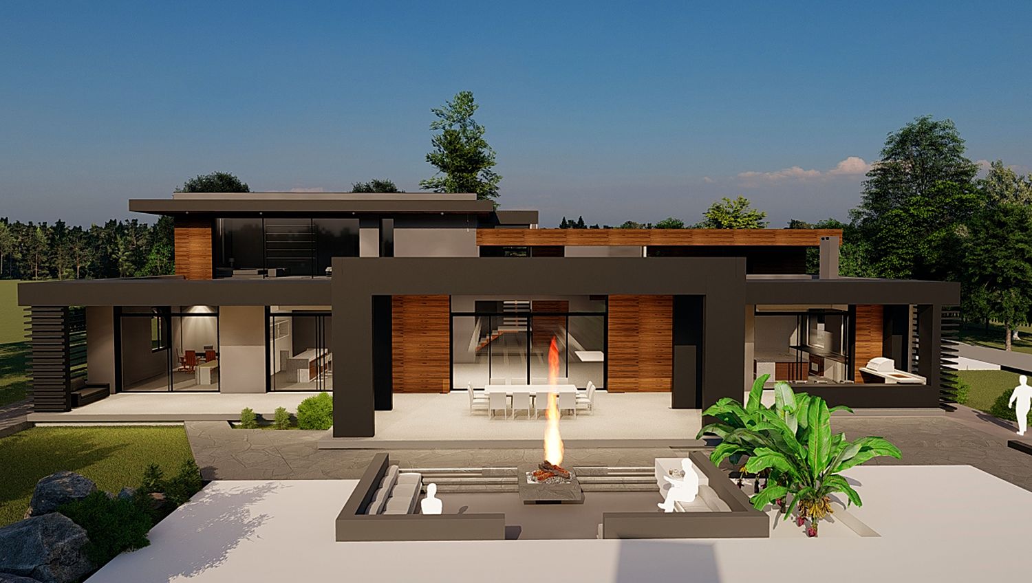 Zelarino: la villa al tramonto, con il braciere acceso davanti al portico e le vetrate illuminate