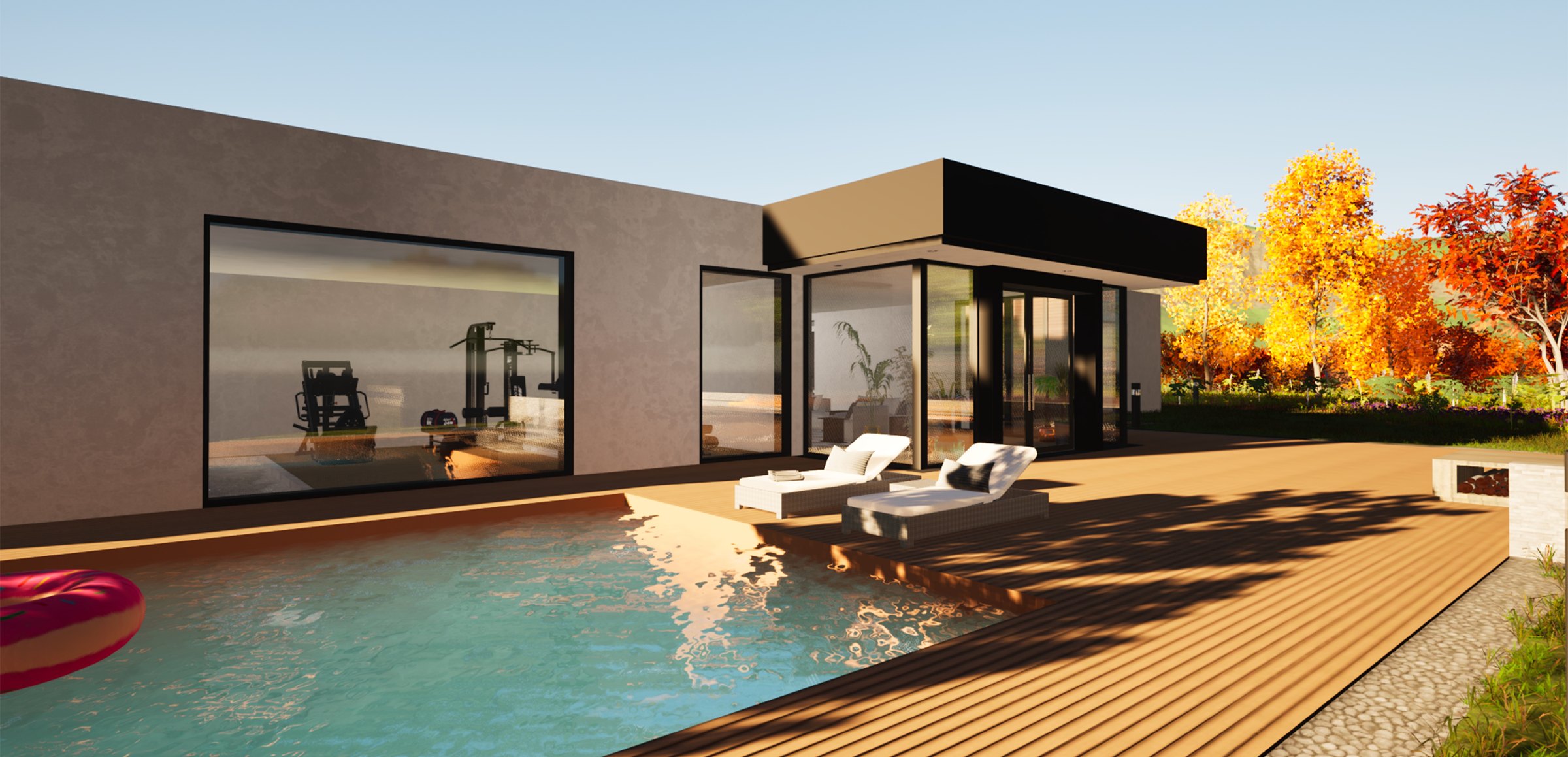Villa Terren: the pool and the wooden sun deck in front of the living area